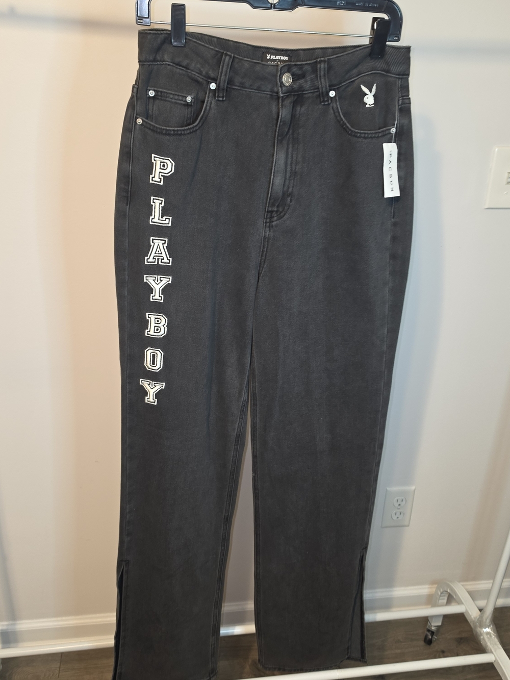 Playboy PacSun Jeans Womens 28 High Rise Embroidered Baggy Slit Leg Black Denim